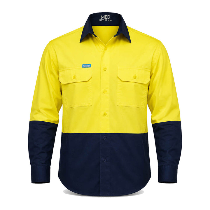Driven DRV 42 Mens Hi Vis Lightweight Long Sleeve Safety Shirt Yellow/Navy