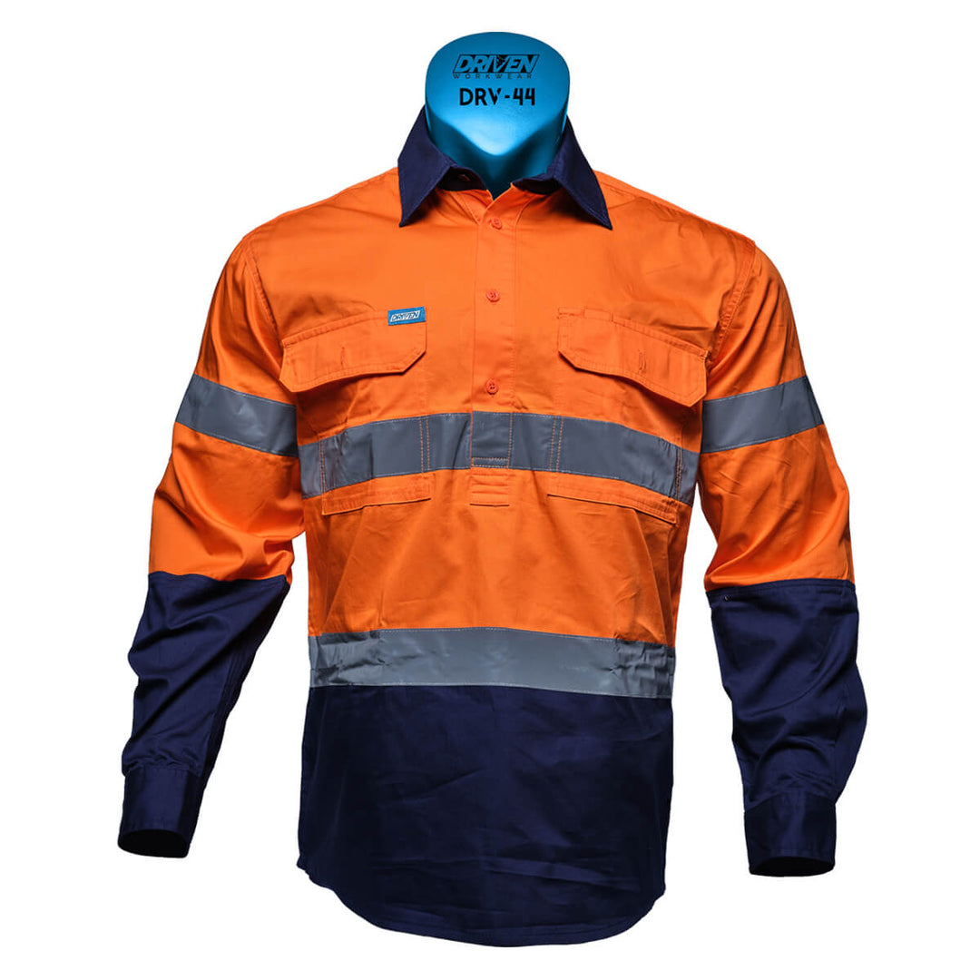 Driven DRV 44 Hi Vis Lightweight Long Sleeve Taped Safety Shirt Closed Front Orange/Navy Front