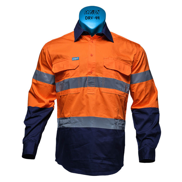 Driven DRV 44 Hi Vis Lightweight Long Sleeve Taped Safety Shirt Closed Front Orange/Navy Front