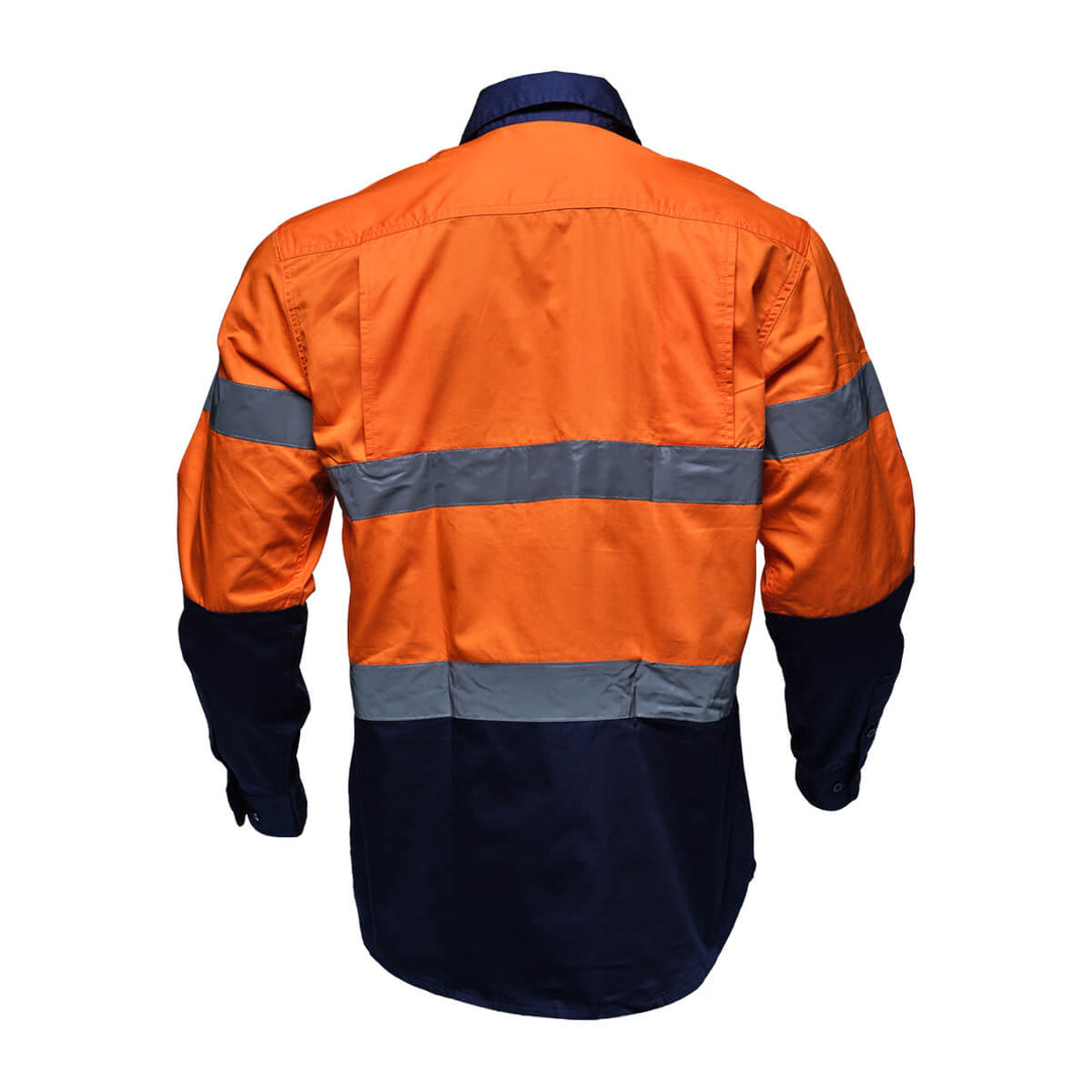 Driven DRV 44 Hi Vis Lightweight Long Sleeve Taped Safety Shirt Closed Front Orange/Navy Back