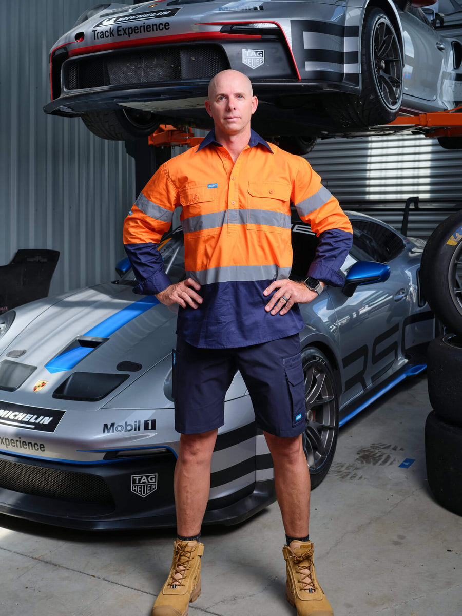 Driven DRV 44 Hi-Vis Lightweight Long Sleeve Taped Safety Shirt Closed Front Orange Navy – Front View