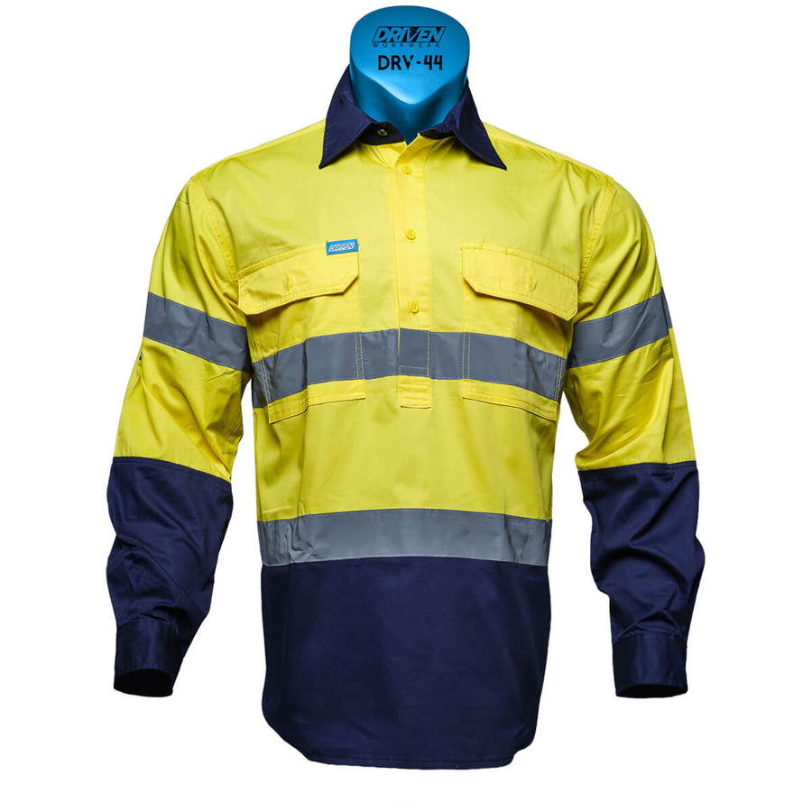 Driven DRV 44 Hi Vis Lightweight Long Sleeve Taped Safety Shirt Closed Front Yellow/Navy Front