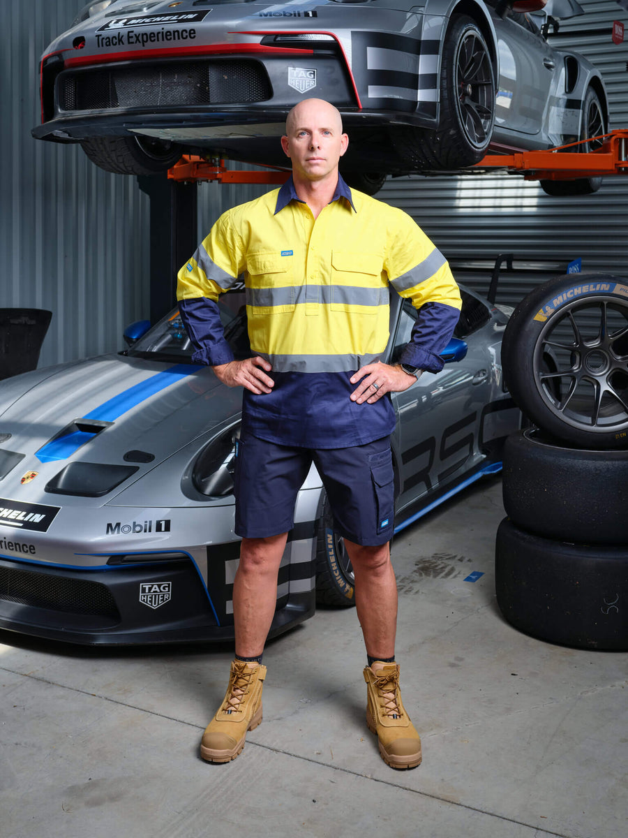 Driven DRV 44 Hi-Vis Lightweight Long Sleeve Taped Safety Shirt Closed Front Yellow Navy – Front View