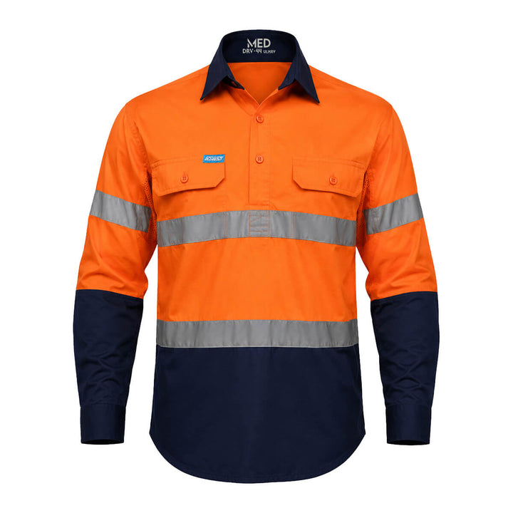 Orange and navy work shirt with reflective stripes on a white background