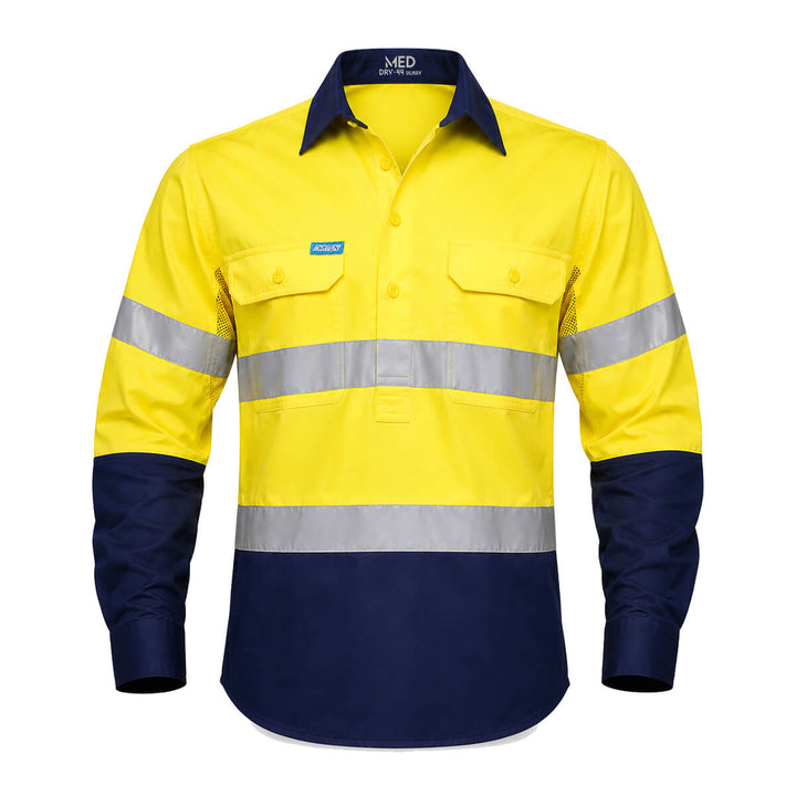 Driven DRV 44 Hi Vis Lightweight Long Sleeve Taped Safety Shirt Closed Front Yellow/Navy