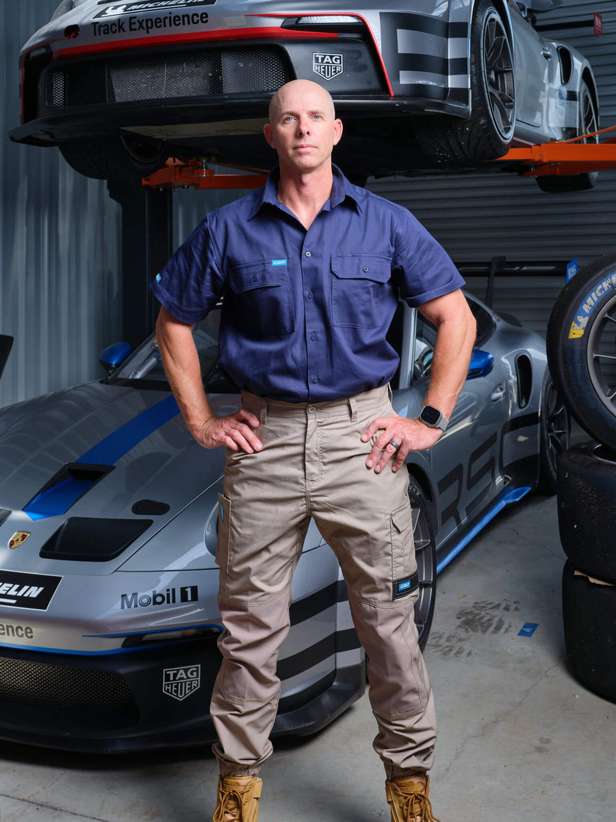 Driven DRV 05 Mens Premium Lightweight Fixed Waist Stretch Cargo Phone Safety Pocket Pants Elastic Cuff Khaki – Front View