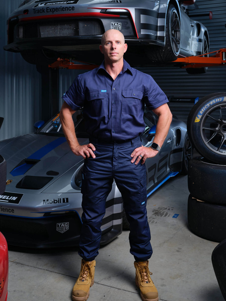 Driven DRV 05 Mens Premium Lightweight Fixed Waist Stretch Cargo Phone Safety Pocket Pants Elastic Cuff Navy – Front View