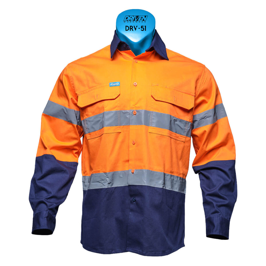 Driven DRV 51 Mens Hi Vis Long Sleeve Taped Safety Shirt Orange/Navy Front