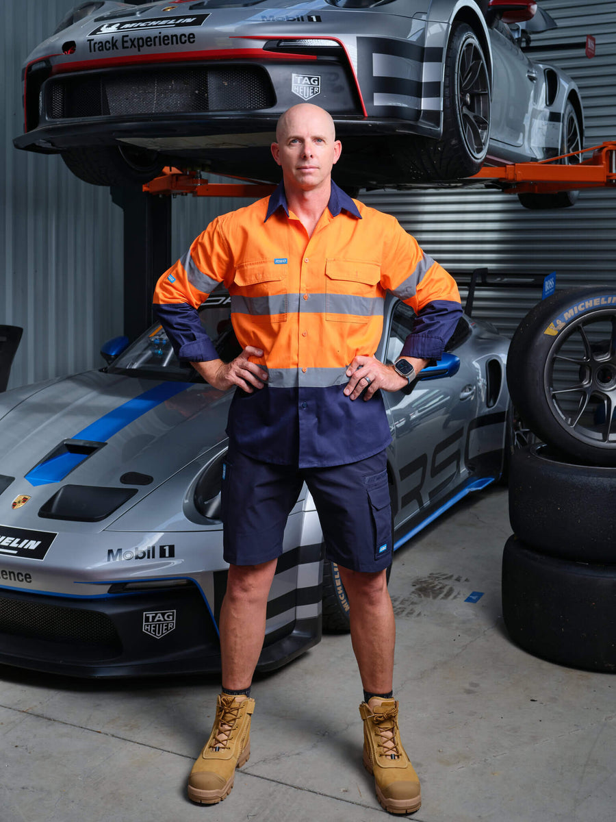 Driven DRV 51 Mens Hi-Vis Long Sleeve Taped Safety Shirt Orange Navy – Front View