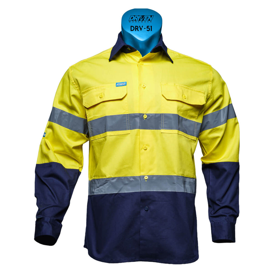 Driven DRV 51 Mens Hi Vis Long Sleeve Taped Safety Shirt Yellow/Navy Front