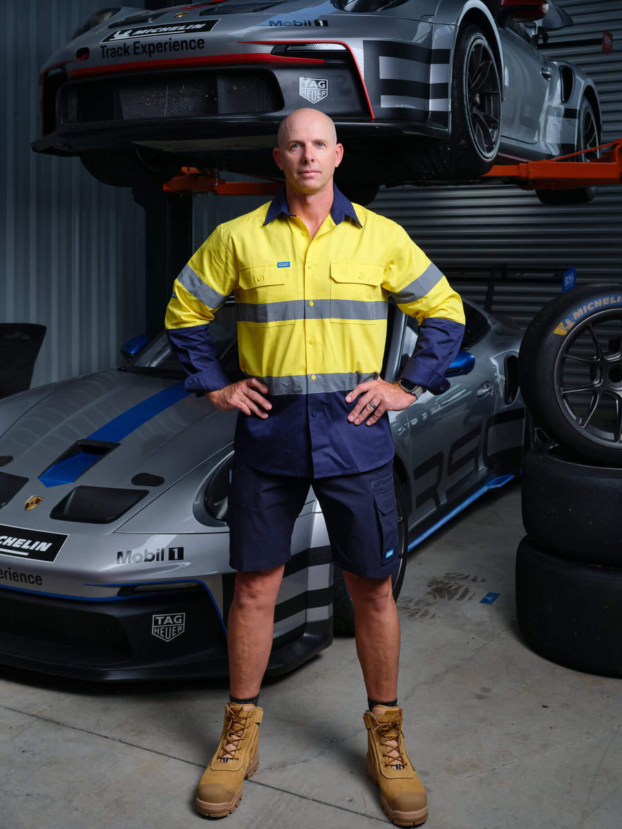 Driven DRV 51 Mens Hi-Vis Long Sleeve Taped Safety Shirt Yellow Navy – Front View