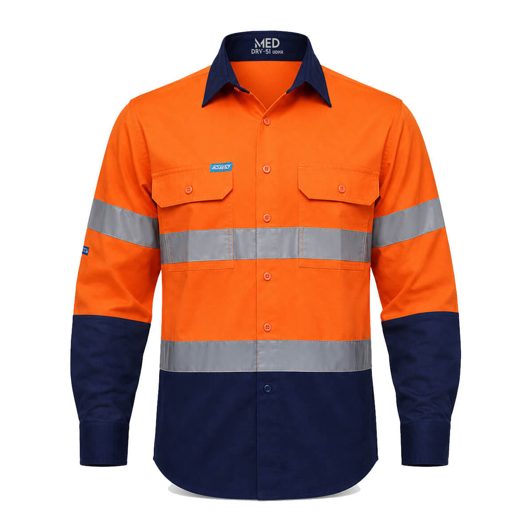 Driven DRV 51 Mens Hi Vis Long Sleeve Taped Safety Shirt Orange/Navy