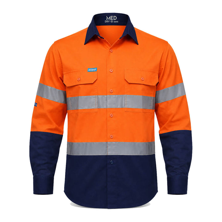 Driven DRV 51 Mens Hi Vis Long Sleeve Taped Safety Shirt Orange/Navy