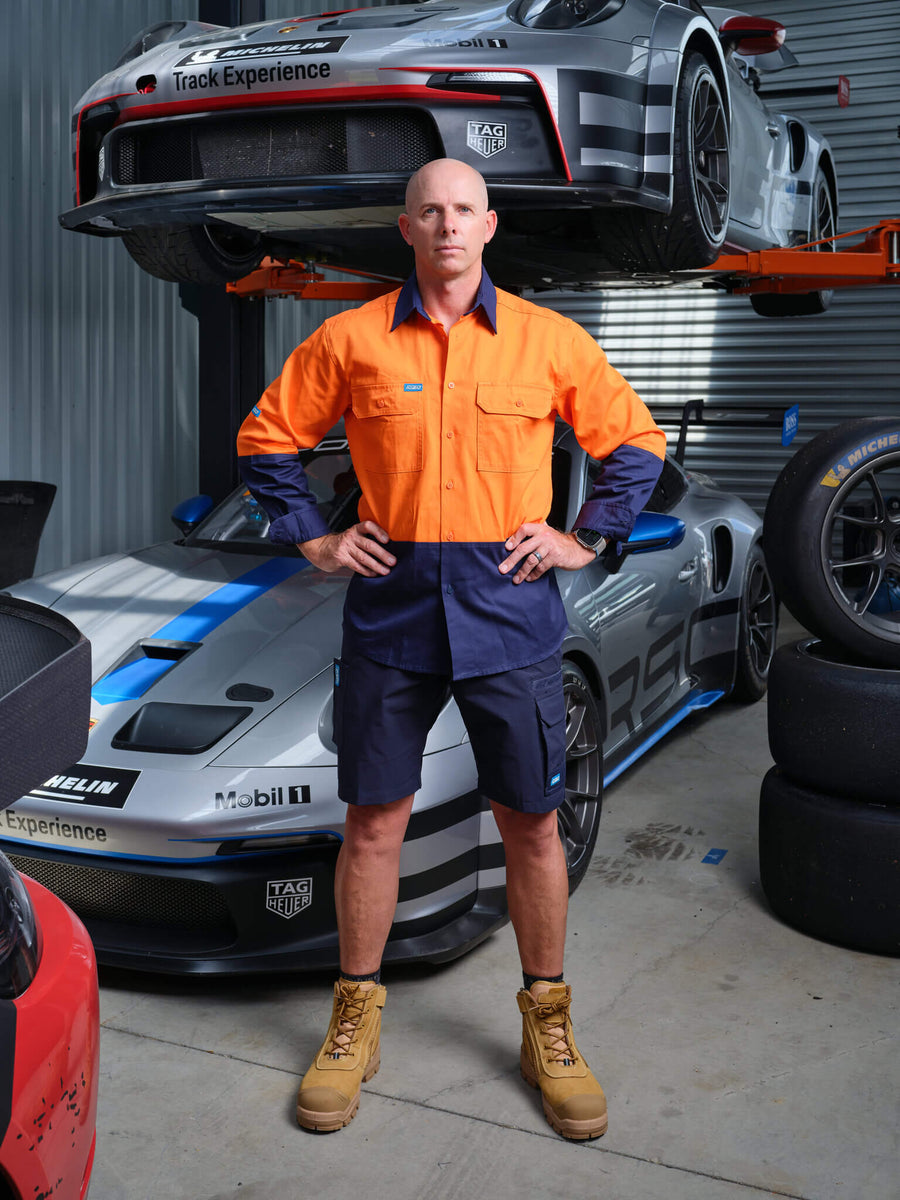 Driven DRV 52 Mens Hi-Vis Long Sleeve Safety Shirt Orange Navy – Front View