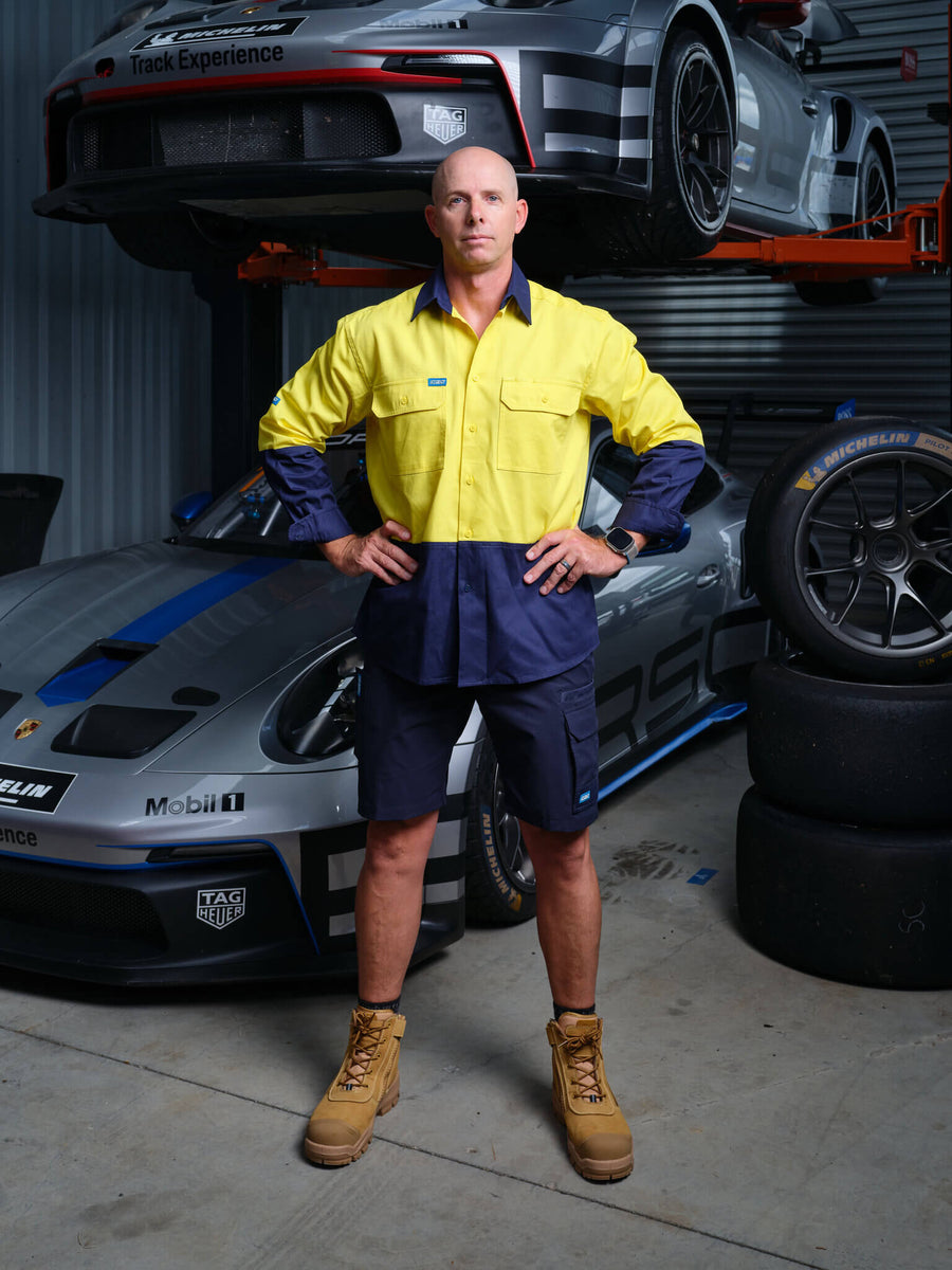 Driven DRV 52 Mens Hi-Vis Long Sleeve Safety Shirt Yellow Navy – Front View