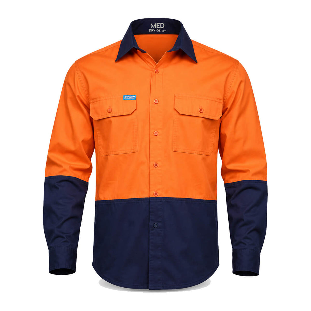 Driven DRV 52 Mens Hi Vis Long Sleeve Safety Shirt Orange/Navy
