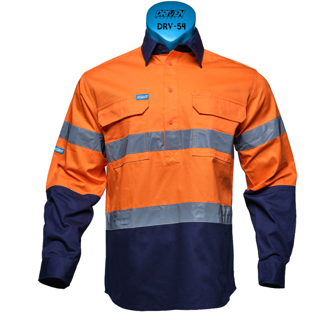Driven DRV 54 Mens Hi Vis Long Sleeve Taped Safety Shirt Closed Front Orange/Navy Front