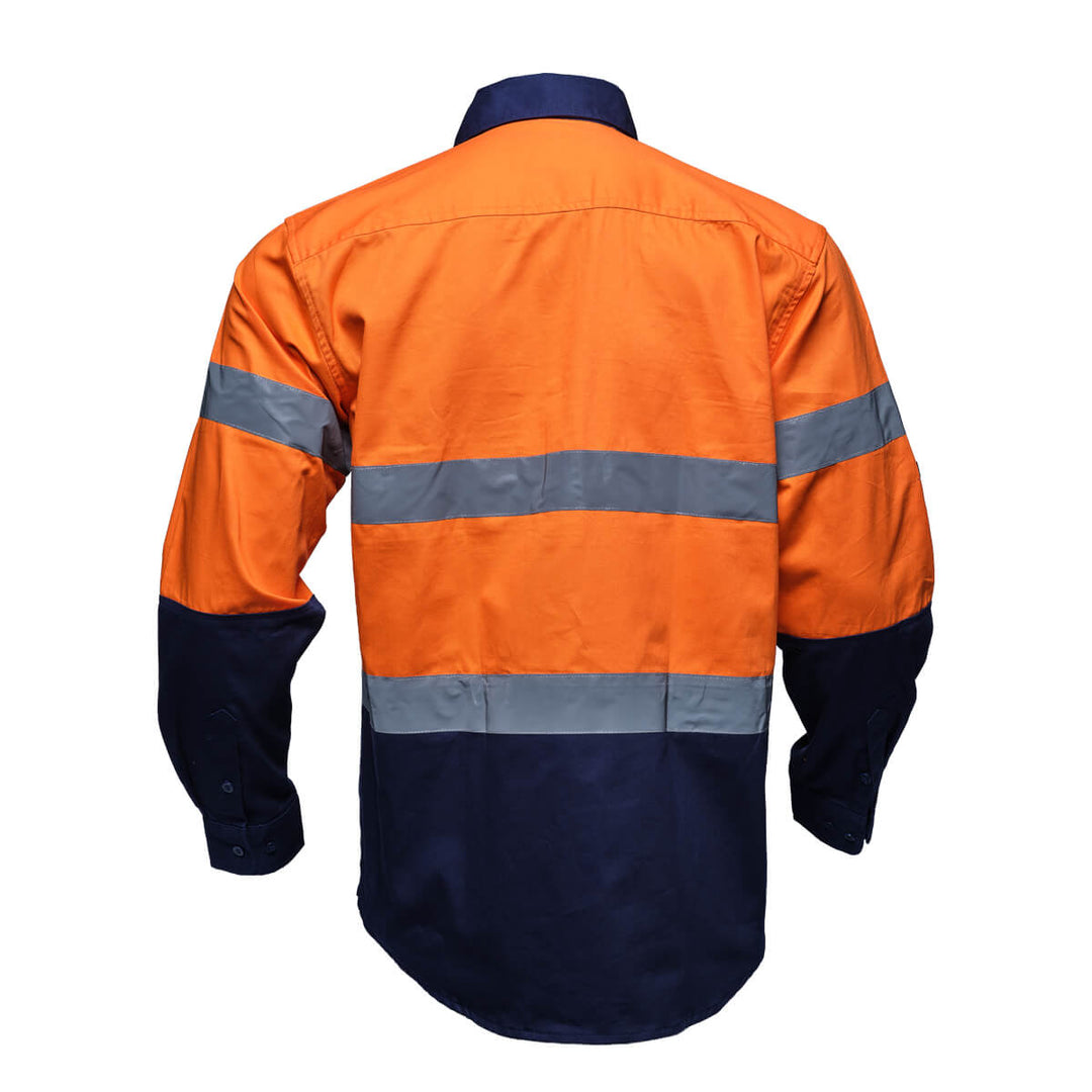 Driven DRV 54 Mens Hi Vis Long Sleeve Taped Safety Shirt Closed Front Orange/Navy Back