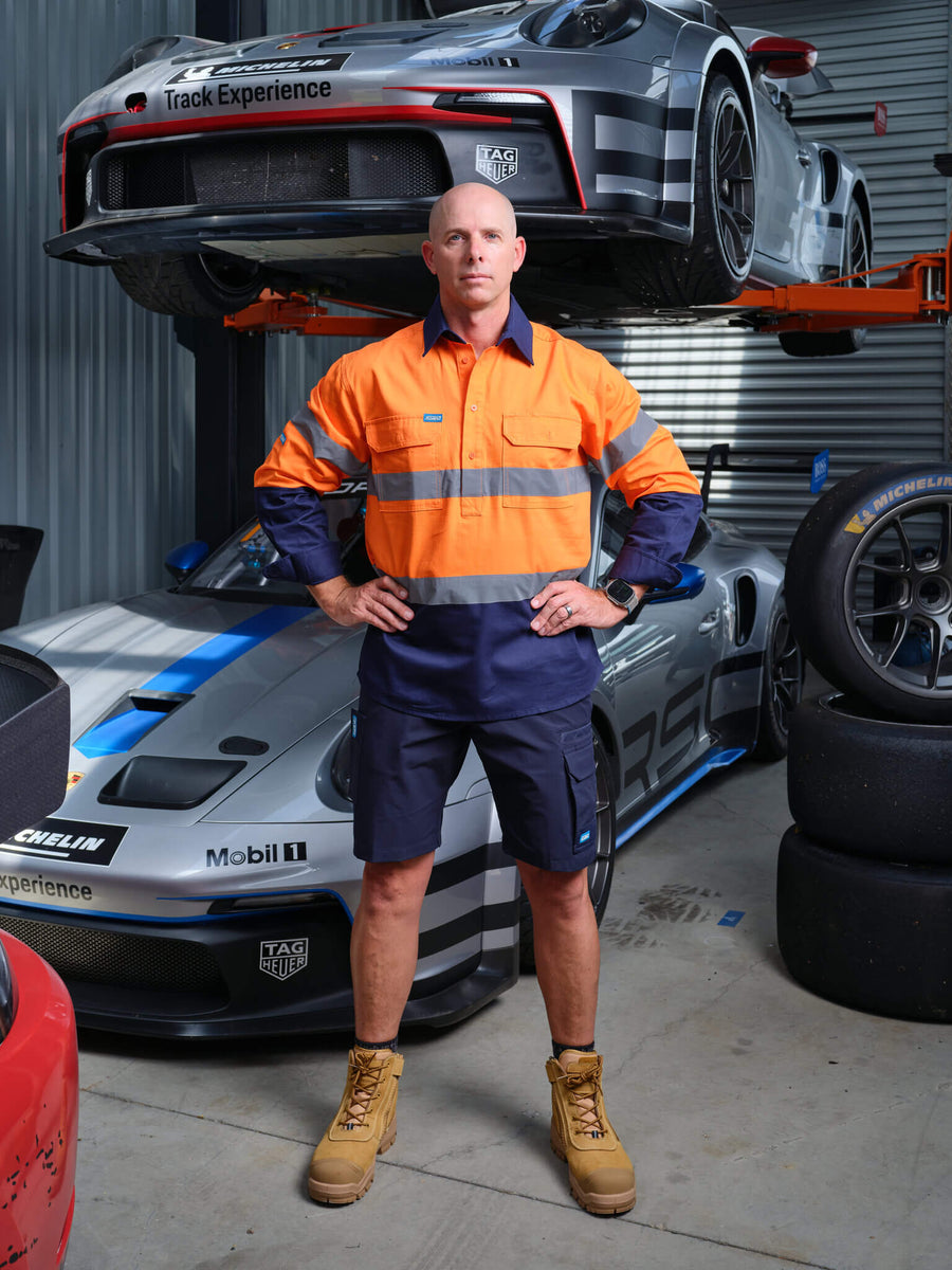 Driven DRV 54 Mens Hi-Vis Long Sleeve Taped Safety Shirt Closed Front Orange Navy – Front View