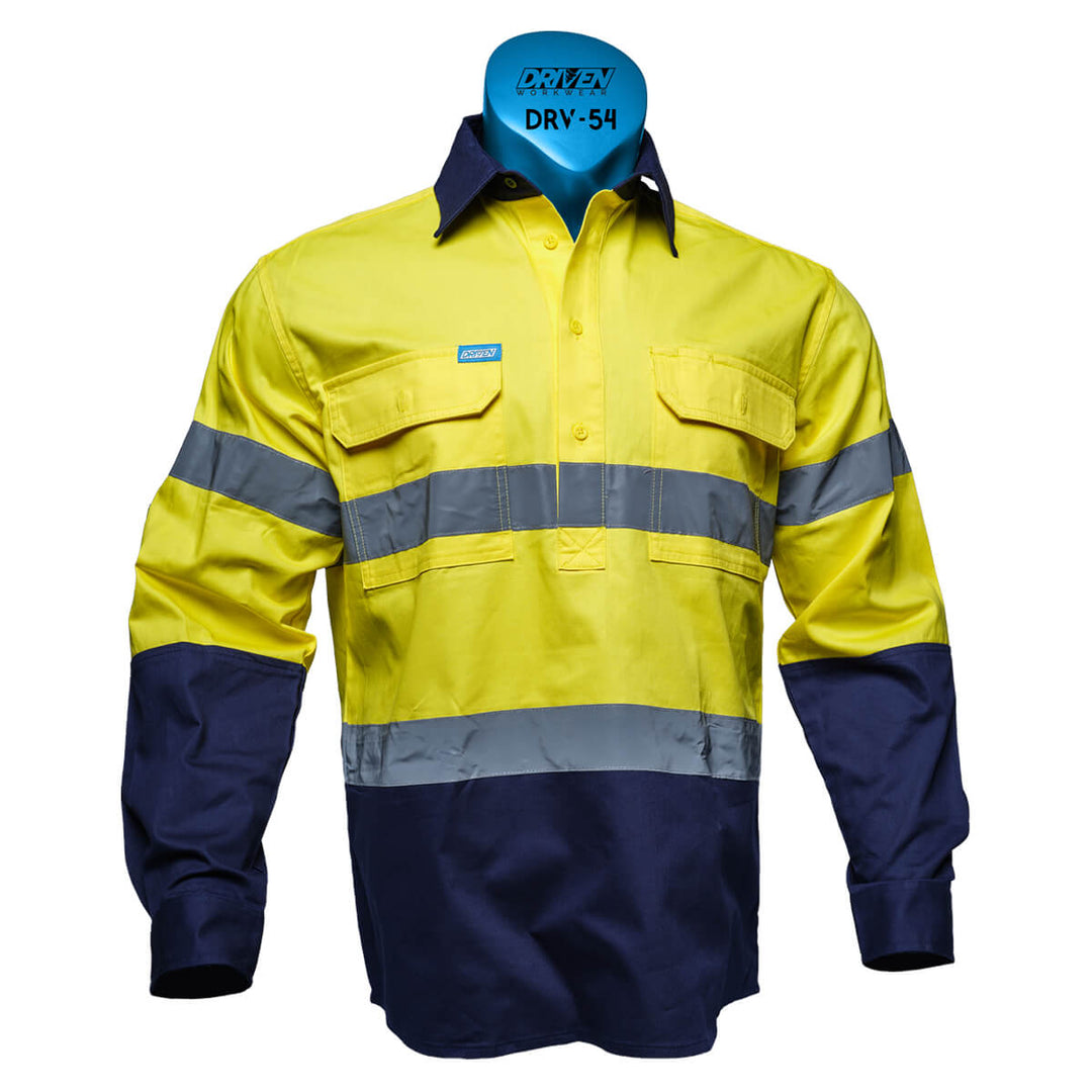 Driven DRV 54 Mens Hi Vis Long Sleeve Taped Safety Shirt Closed Front Yellow/Navy Front