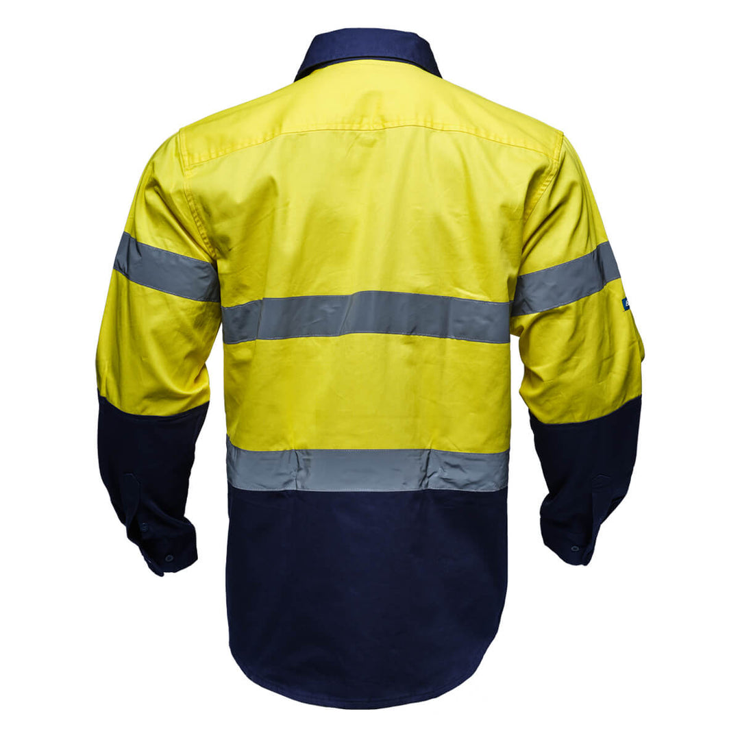 Driven DRV 54 Mens Hi Vis Long Sleeve Taped Safety Shirt Closed Front Yellow/Navy Back