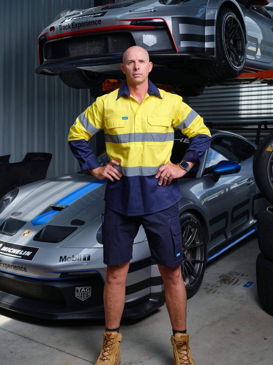 Driven DRV 54 Mens Hi-Vis Long Sleeve Taped Safety Shirt Closed Front Yellow Navy – Front View