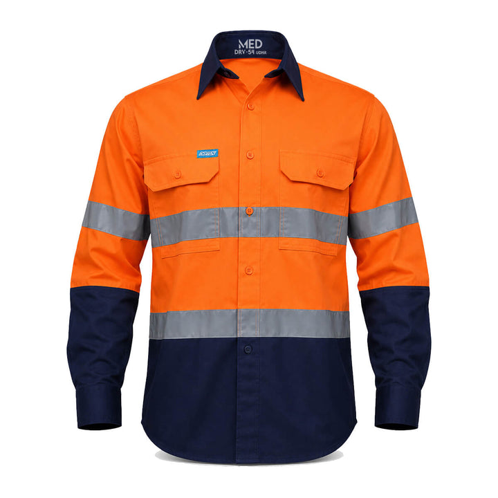 Driven DRV 54 Mens Hi Vis Long Sleeve Taped Safety Shirt Closed Front Orange/Navy