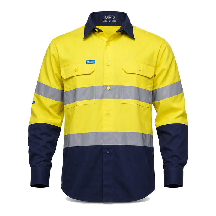 Driven DRV 54 Mens Hi Vis Long Sleeve Taped Safety Shirt Closed Front Orange/Navy
