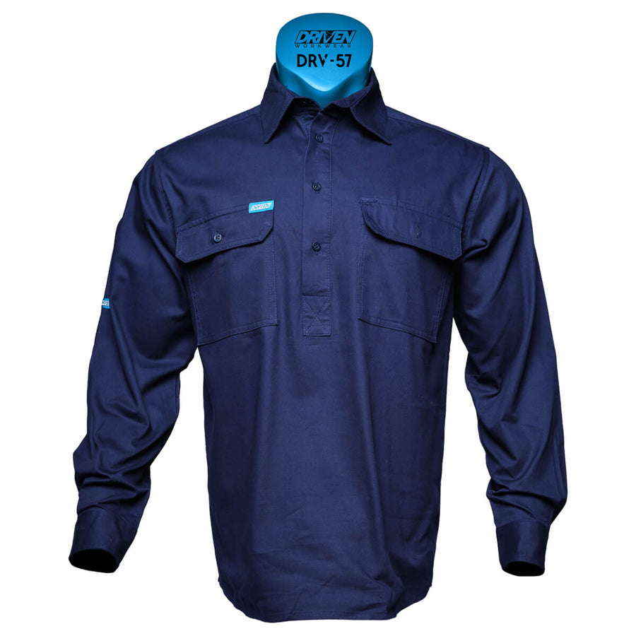 Driven DRV 57 Mens Long Sleeve Drill Shirt Closed Front Navy Front