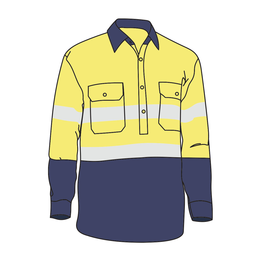 Driven DRV 54 Mens Hi Vis Long Sleeve Taped Safety Shirt Closed Front Yellow/Navy
