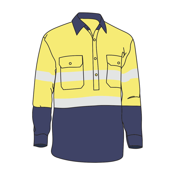 Driven DRV 54 Mens Hi Vis Long Sleeve Taped Safety Shirt Closed Front Yellow/Navy
