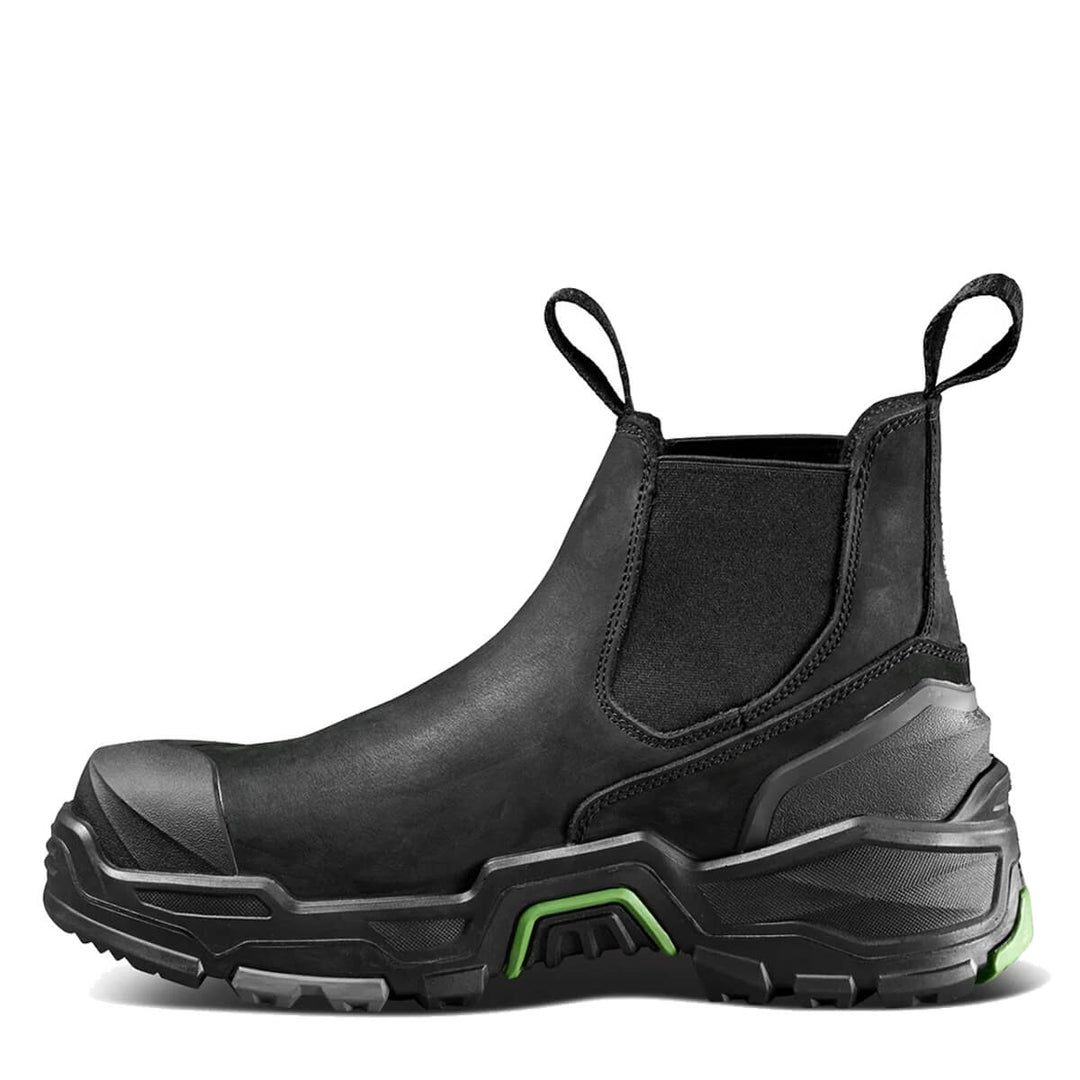 A black leather work boot with a chunky black sole and bright green accents on the side, shown from a side profile against a white background.