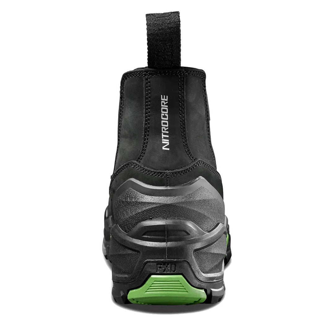A black boot shown from the back, featuring a black pull tab, and a green accent on the outsole.