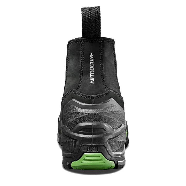 A black boot shown from the back, featuring a black pull tab, and a green accent on the outsole.