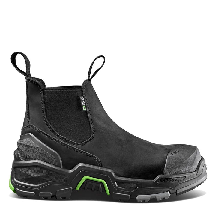 A black safety boot with a chunky black sole featuring bright green accents, shown from a side profile on a white background.