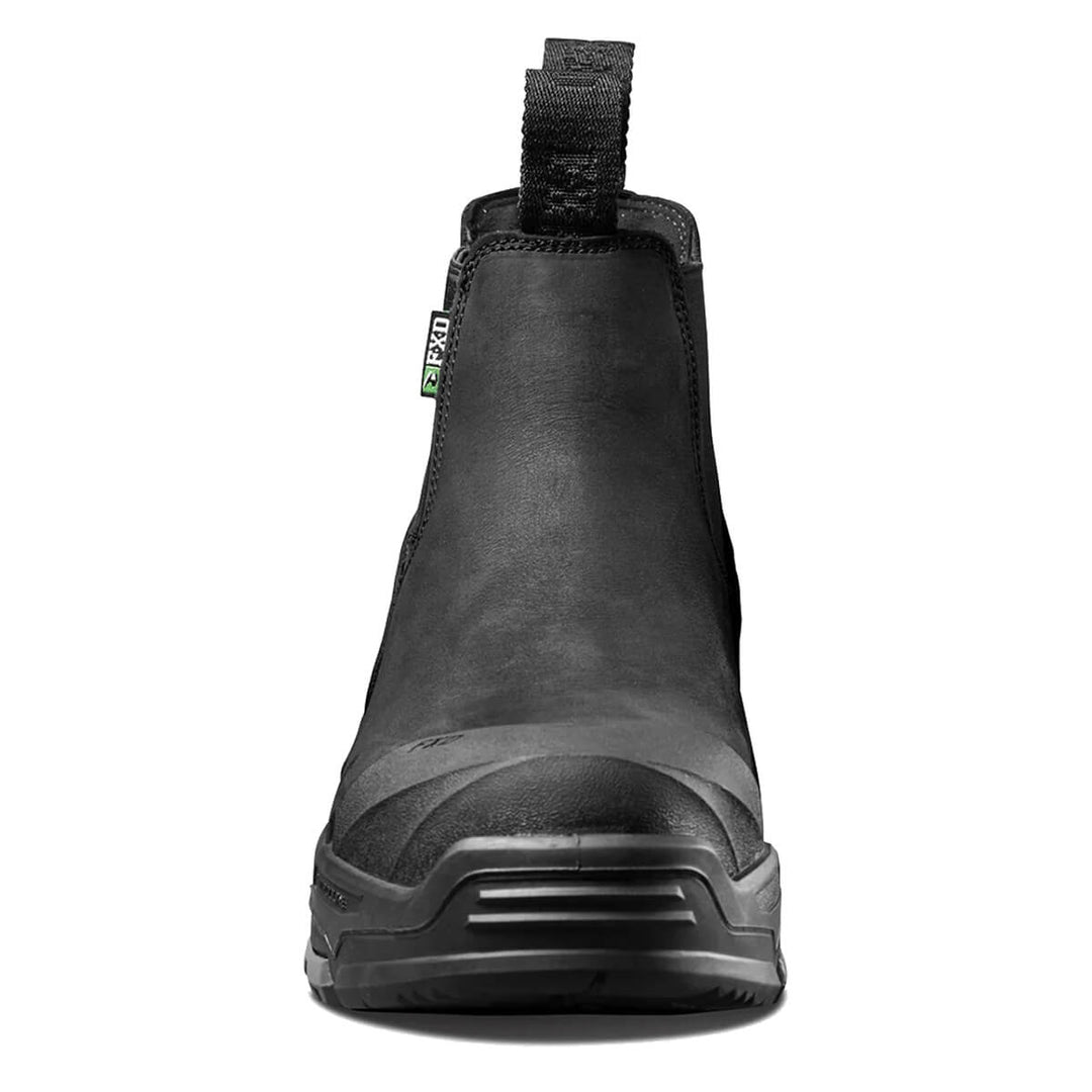 A black ankle boot shown from the front on a plain white background.