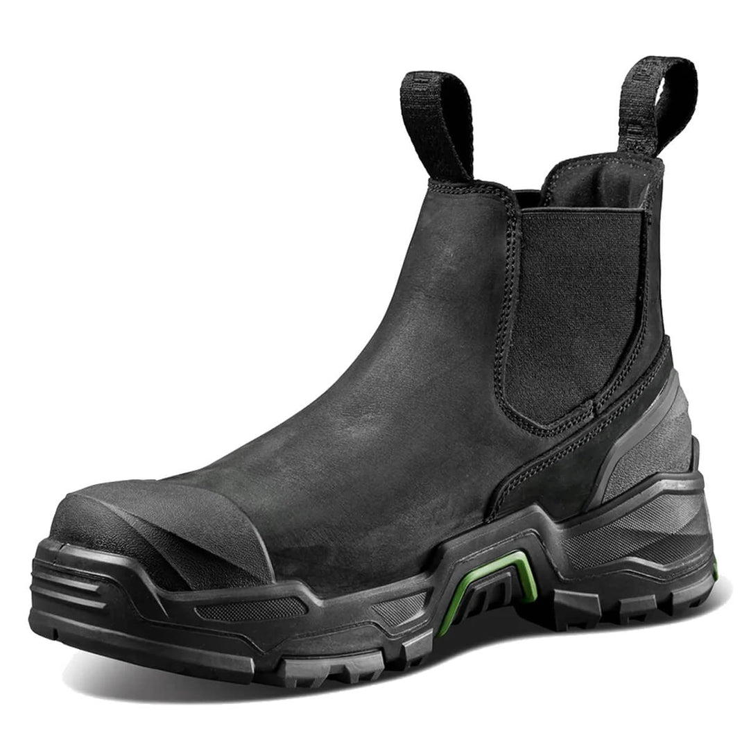 A black safety Chelsea boot with a rugged, chunky sole and a small green green accent on the side, shown against a plain white background.