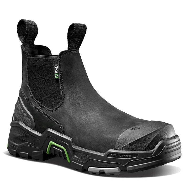 A black FXD safety boot with a rugged sole, protective toe cap, and elastic side panels, shown on a white background.