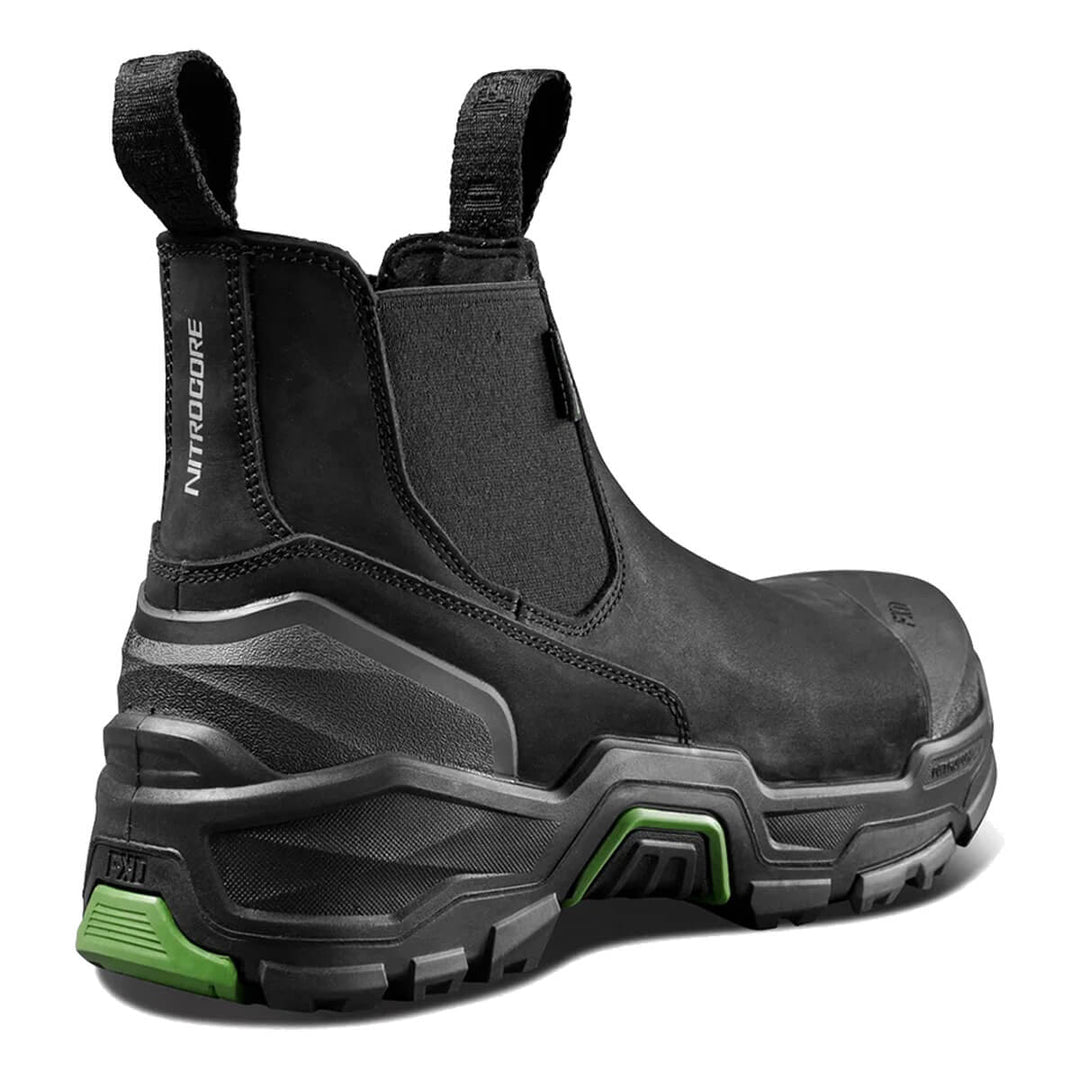A black safety work boot with elastic side panels and a chunky black sole featuring bright green accents, shown from a three-quarters angle on a white background.