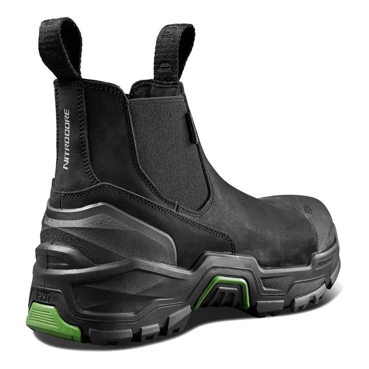 A black safety work boot with elastic side panels and a chunky black sole featuring bright green accents, shown from a three-quarters angle on a white background.