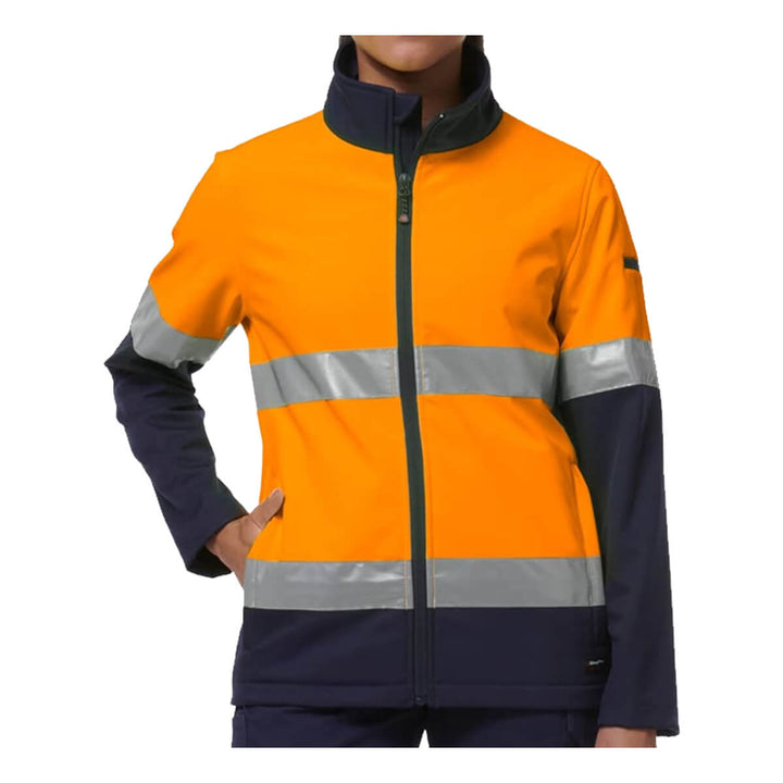 King Gee K45006 Women's Reflective Spliced Soft Shell Jacket Orange/Navy Front