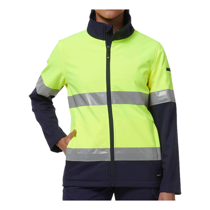King Gee K45006 Women's Reflective Spliced Soft Shell Jacket Yellow/Navy Front