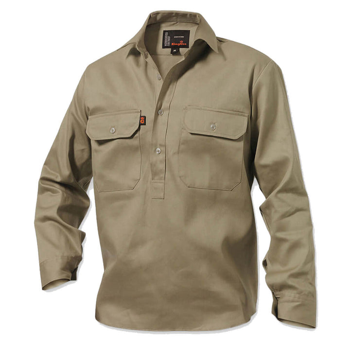 King Gee K04020 Long Sleeve Closed Front Drill Shirt Khaki