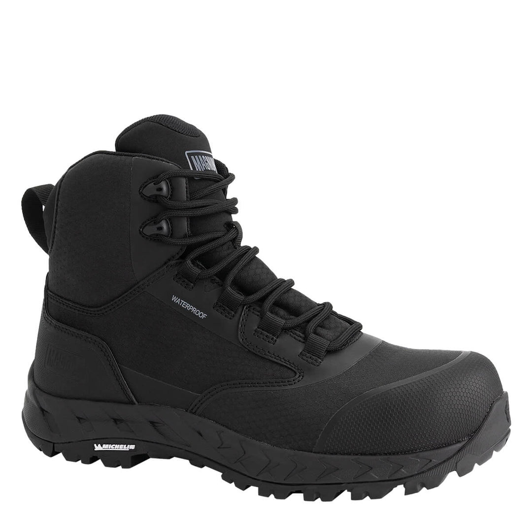 A black high-top boot with a rugged sole, shown from a three-quarters angle on a plain white background. The boot features a pull tab and lace-up closure.