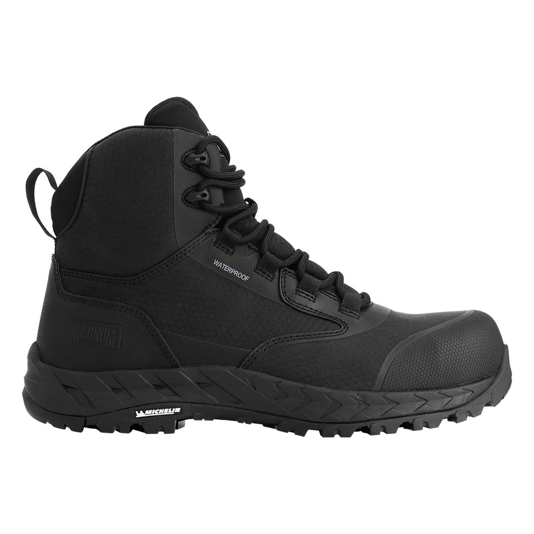 Black boot with laces on a white background