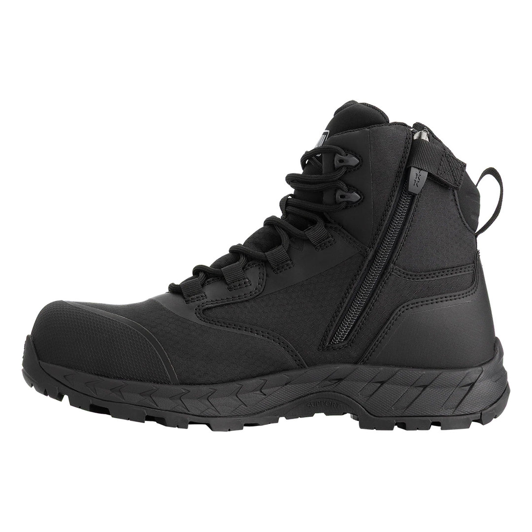 Black boot with laces on a white background with visible zip