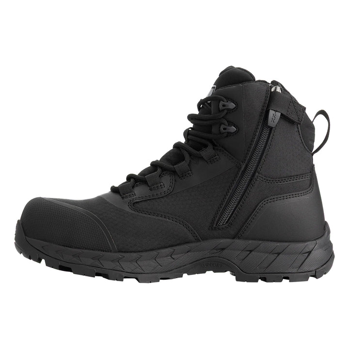 Black boot with laces on a white background with visible zip
