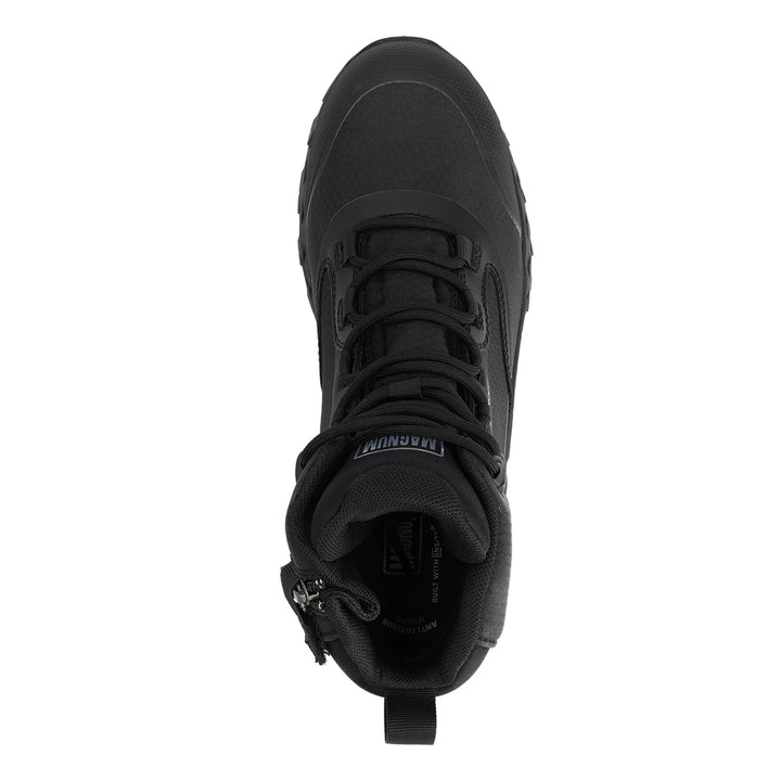 A black boot shown from a top-down view against a plain white background.