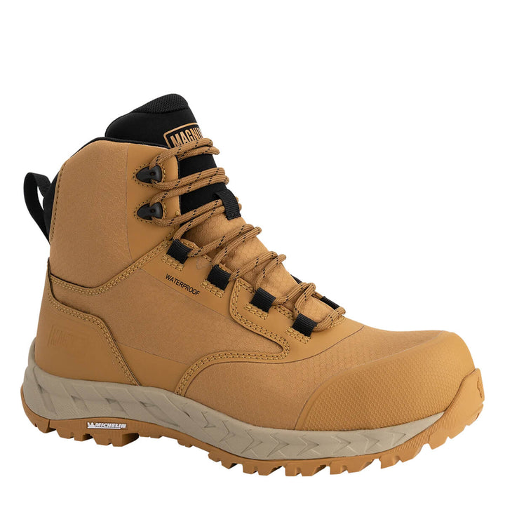 A tan mid-cut waterproof boot with black laces, black collar, and a beige and brown outsole, shown on a plain white background.