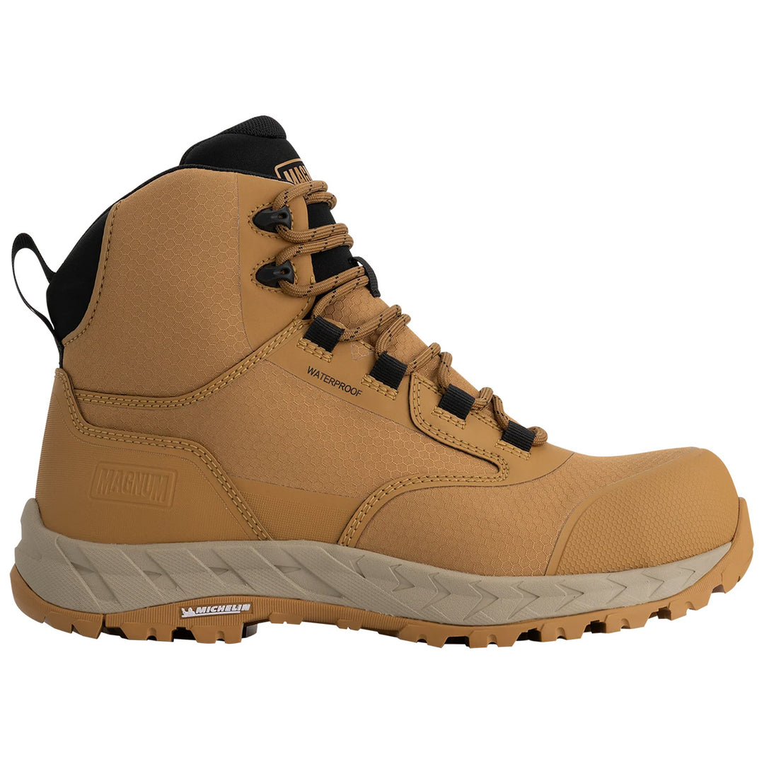 A tan boot with black laces, black ankle collar, and a beige and tan sole, shown from a side profile on a white background.